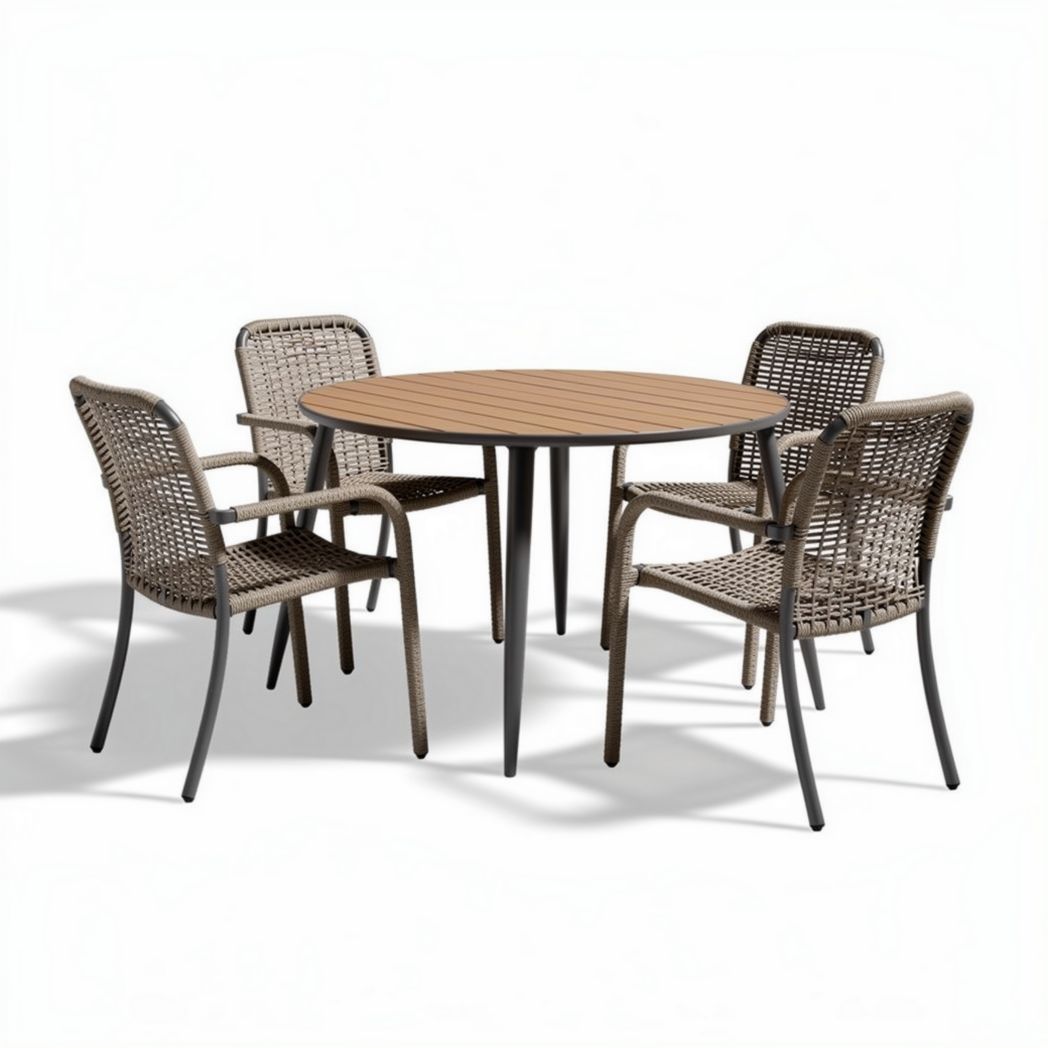 Round patio table set with four chairs made of wicker and metal 120 x 120 x 75cm