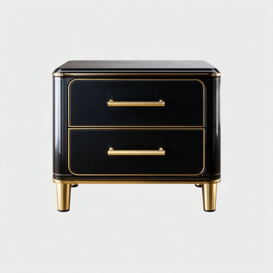Geometric wood nightstand with two drawers in dark walnut finish