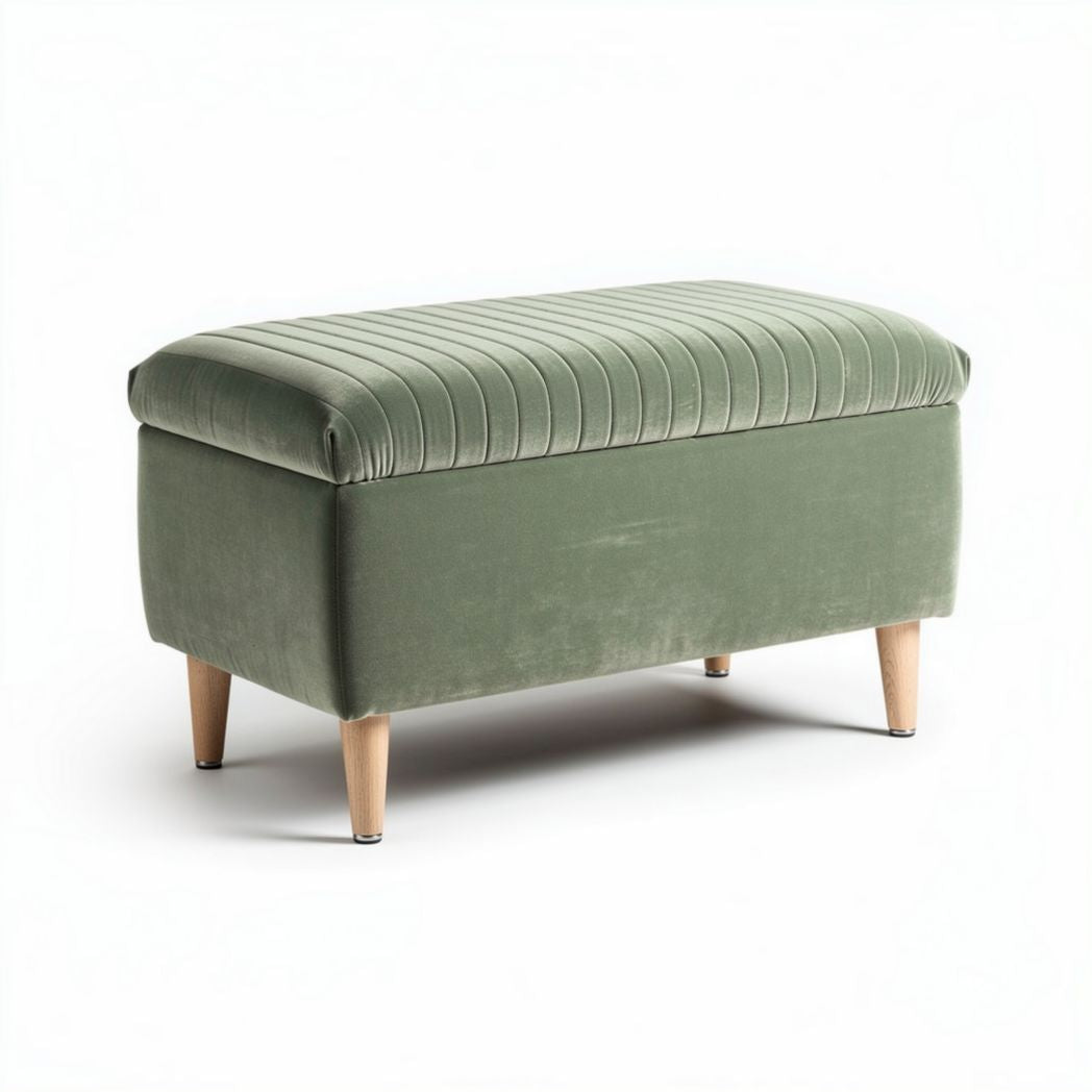 Velvet storage ottoman in green with wooden legs and striped design 90 x 45 x 45cm