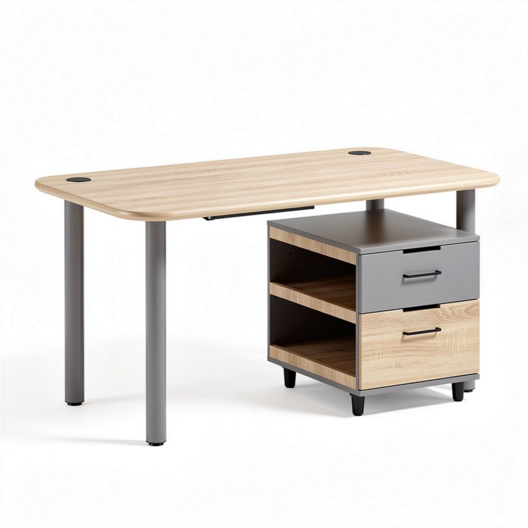 Wooden writing desk with storage shelf and cabinet in natural color 120 x 60 x 75cm