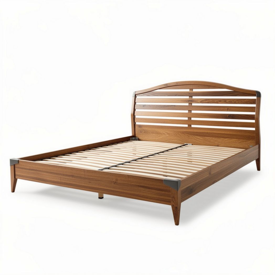 Wooden platform bed frame with slatted headboard and metal accents 200 x 160 x 50cm